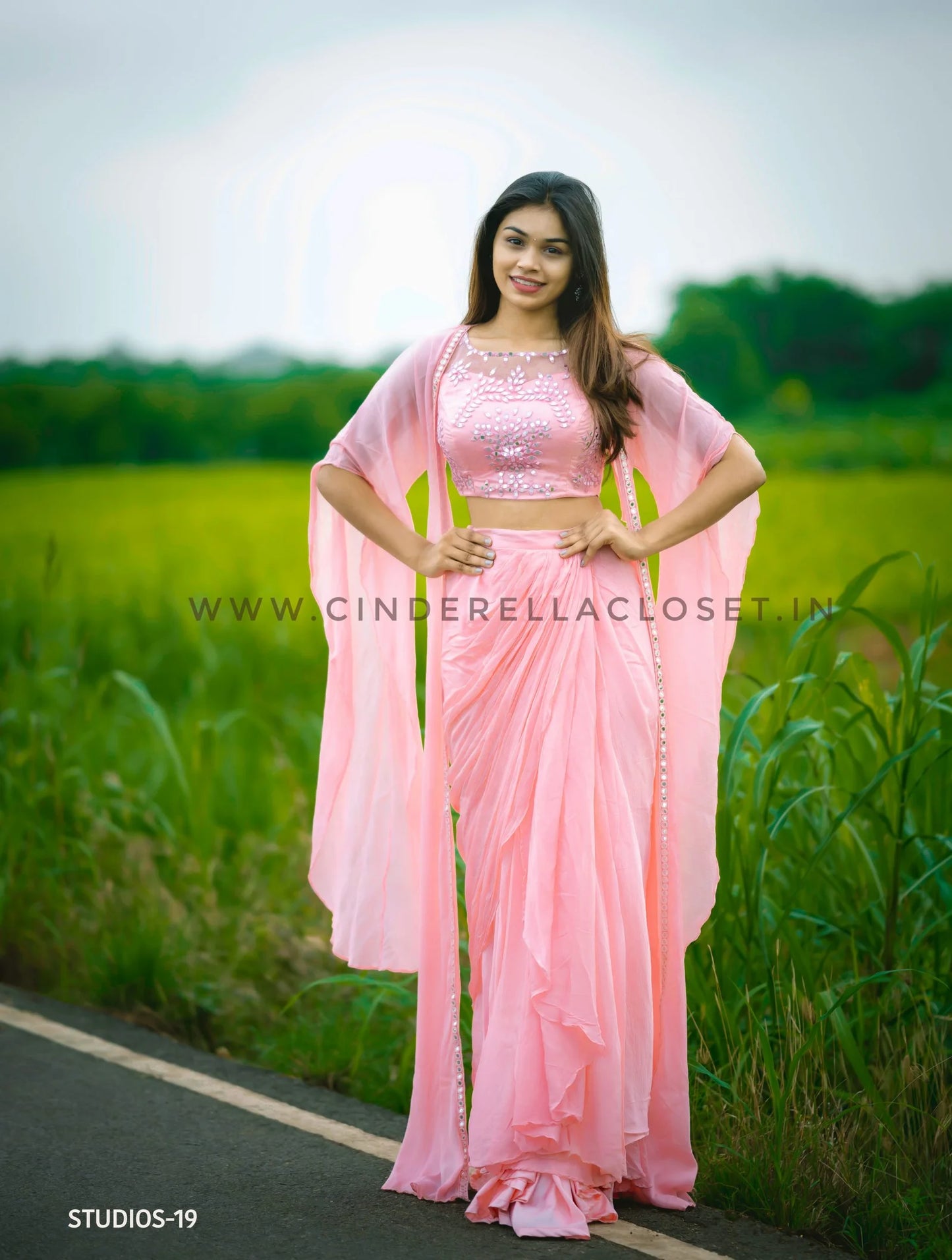 Pink Chinnon Draped lehenga set
