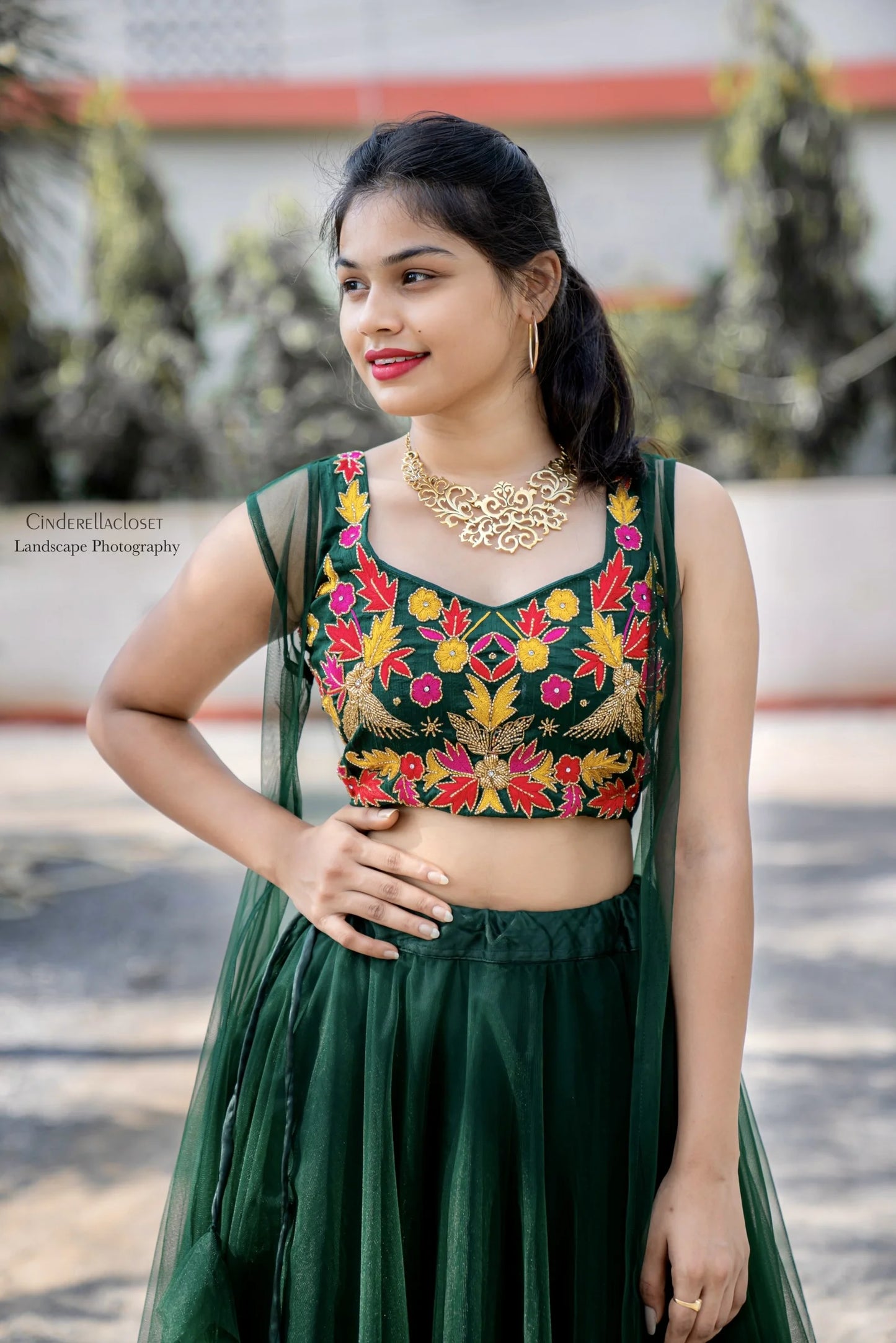 bottle green lehenga