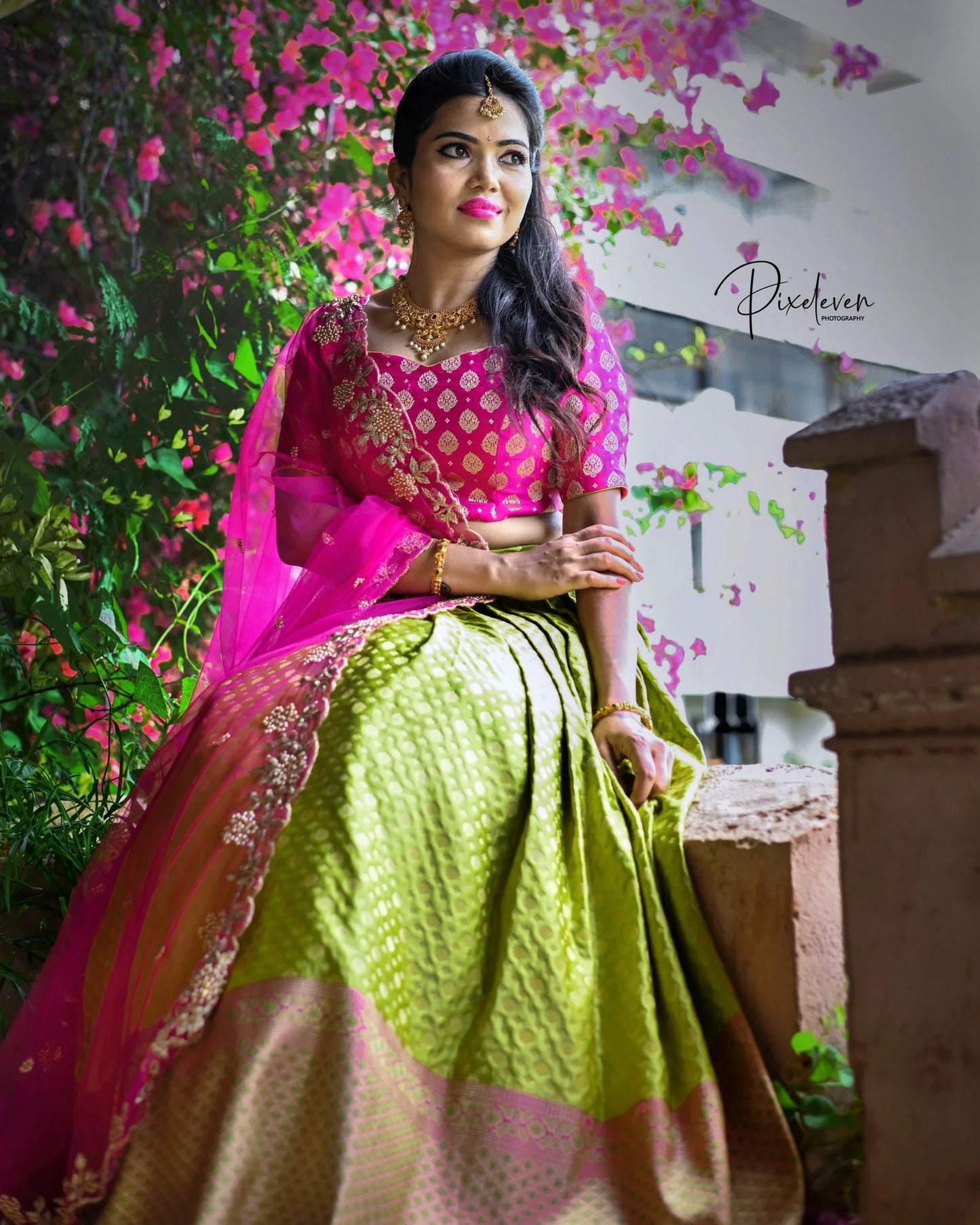Green and pink banaras lehenga