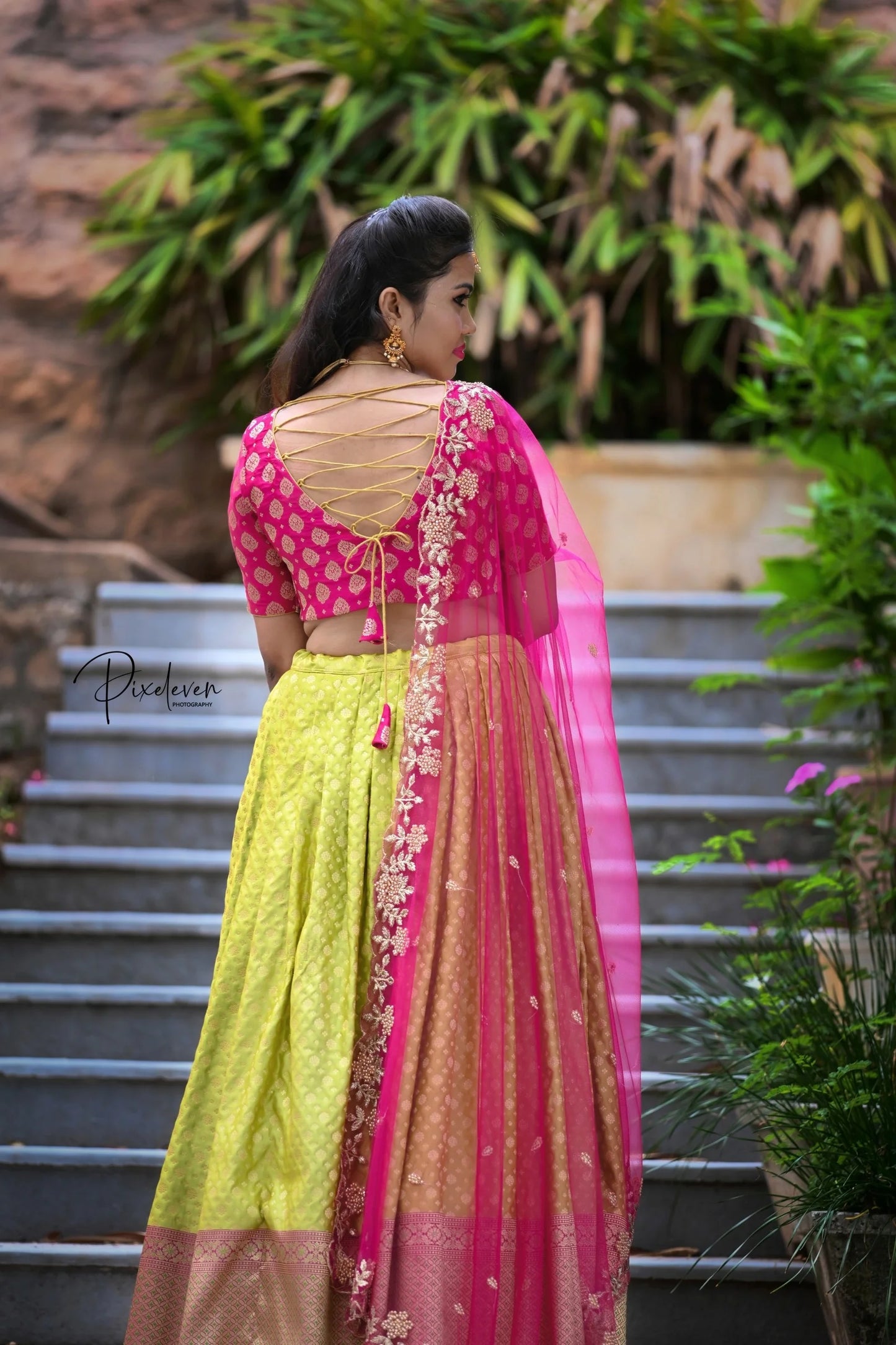 Green and pink banaras lehenga