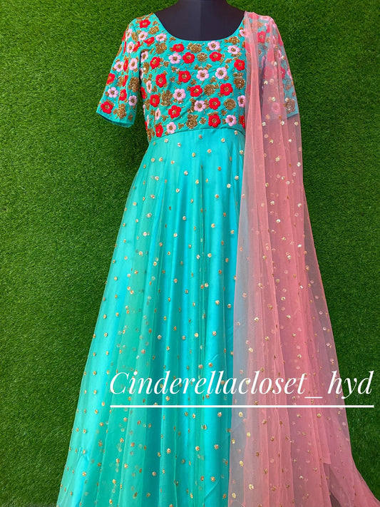 SeaGreen hand embroidered longfrock