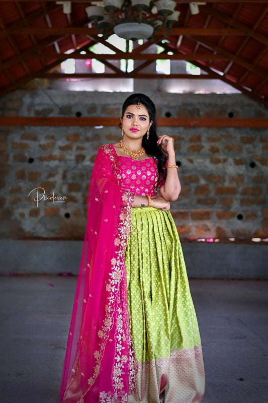 Green and pink banaras lehenga