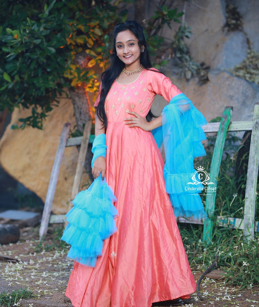 Peach Longfrock with ruffle dupatta